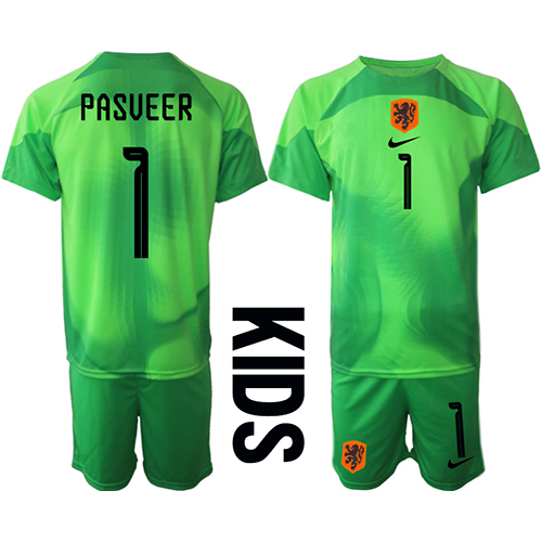 Camiseta Países Bajos Remko Pasveer #1 Portero Primera Equipación para niños Mundial 2022 manga corta (+ pantalones cortos)